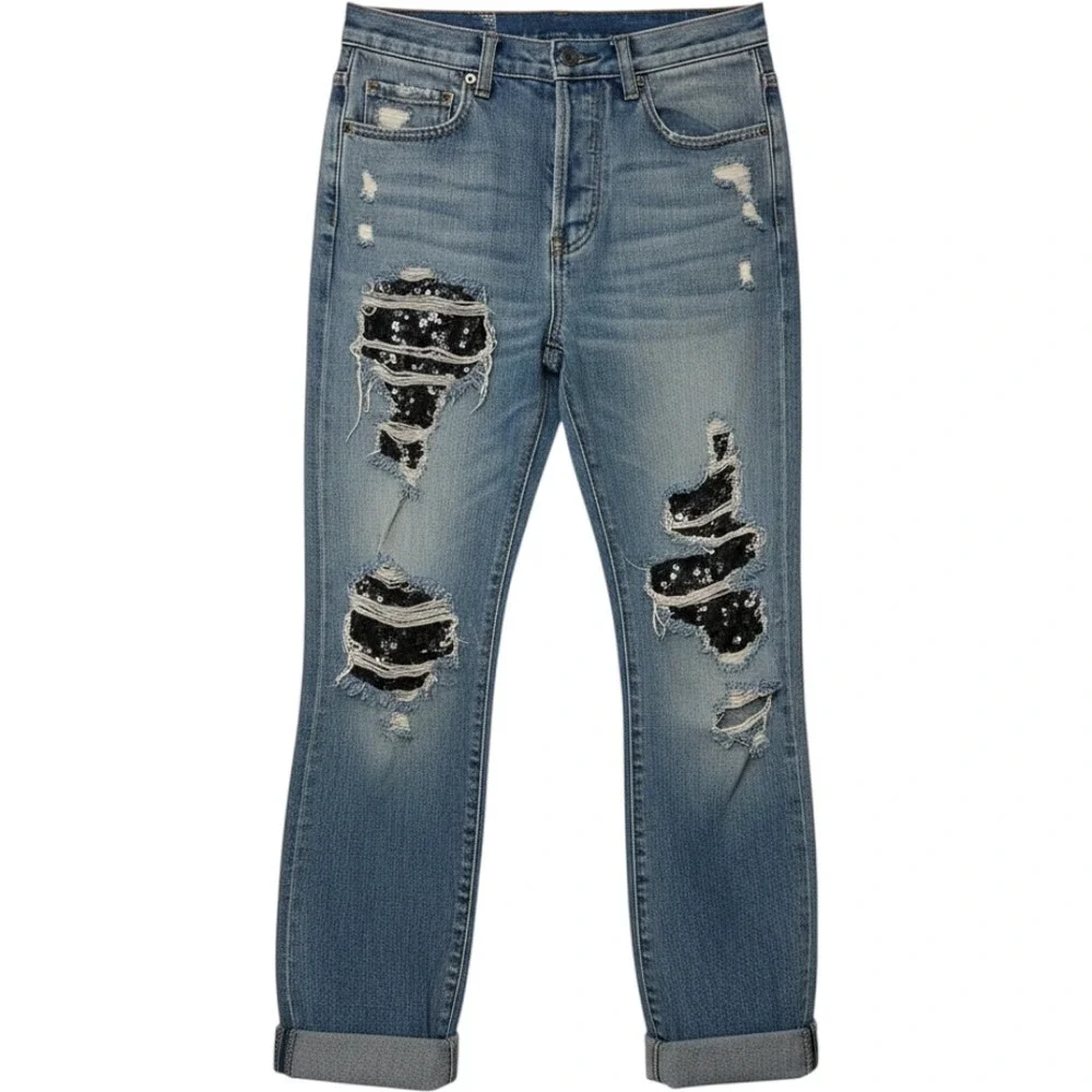 Free People Distressed‎ Sequin Patch Light Wash Straight Leg Jeans Womens 27